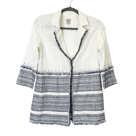 Chicos Eyelet Jacket Womens Size 2 US 12 14 Large White Blue Cotton Linen - Picture 1 of 10